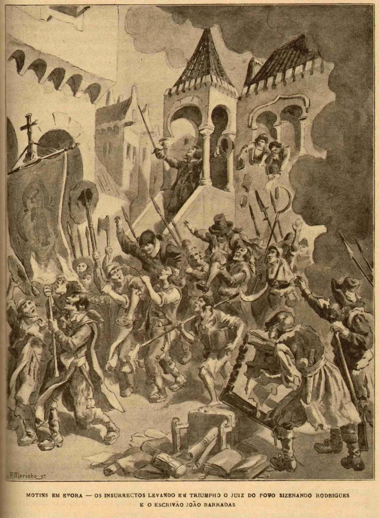 Motins em Évora – Os insurretos levando em triunfo o juiz do povo e o escrivão, Ilustração de Alfredo Roque Gameiro em História de Portugal, popular e ilustrada, Volume 5, de Pinheiro Chagas, c.1899-1909